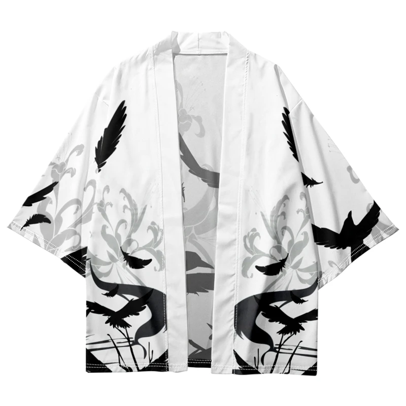 

Traditional Kimono Japanese Streetwear Women Men Shirts Samurai Tops 2023 Fashion Crow Print Cardigan Haori Beach Yukata