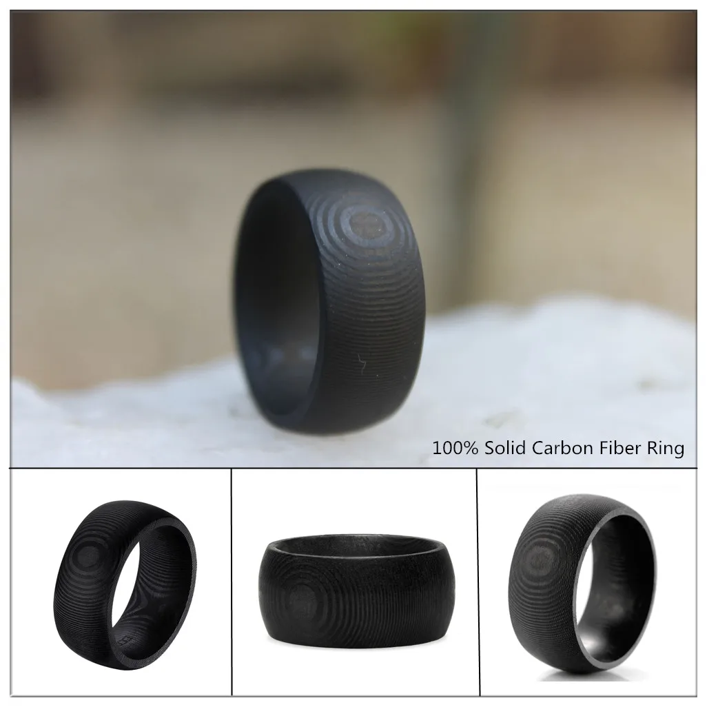11mm Width Men's Domed 100% Carbon Fiber Wedding Ring with Tree Rings Pattern 4