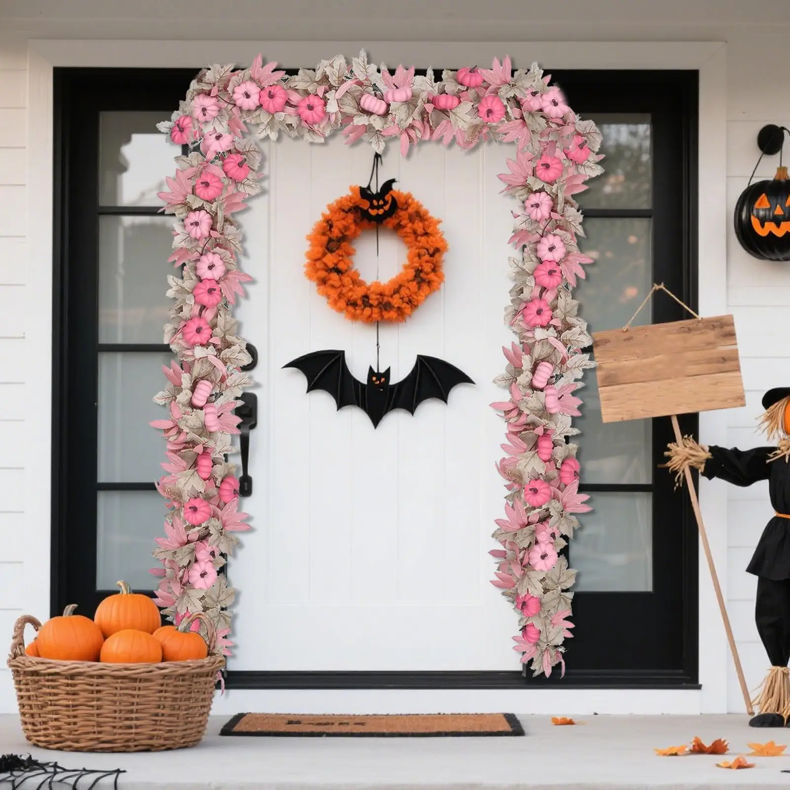5,7 Fuß rosa Kürbisgirlande, realistische Herbst-Halloween-Thanksgiving-Dekoration für Haustür, Kaminsims, Fenster, Ernteparty-Dekoration – Detail 7