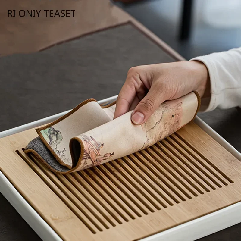 Tea Towel Chinese Painted Flower Pattern Thickened Tea Towel Plush Imitation Deerskin Absorbent Water Rag Tea Napkins Cloth Ceremony