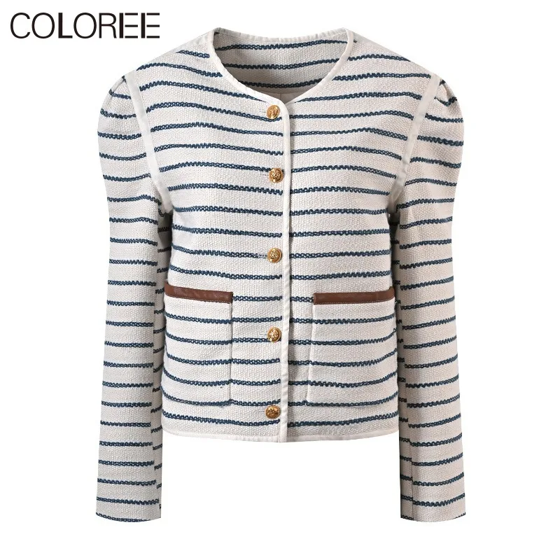 

Korean Fashion Streetwear 2023 Autumn Winter Elegant O-neck Striped Tweed Jacket for Women Short Chaquetas Para Mujeres