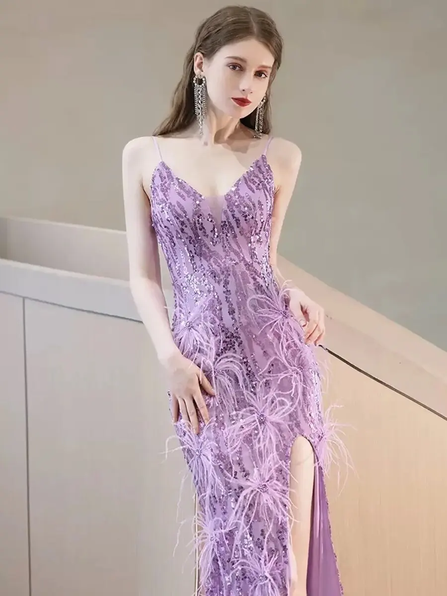 

Strap Slit Evening Dress with Feathers Women's Lavender Color Sequins Party Maxi Dress Formal Occasion Dresses Long