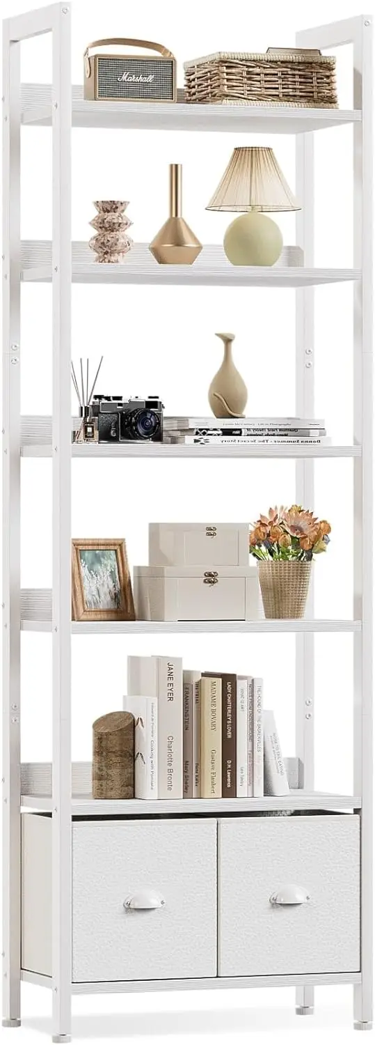 

Furologee White 6 Tier Bookshelf with Drawers, Tall 71" Bookcase with Shelves, Modern Wood and Metal Book Shelf Storage Organize
