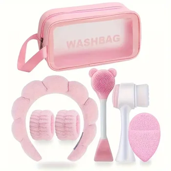 Set di bellezza per trucco e lavaggio viso da 7 pezzi, compresi 3 set di fasce per capelli, 1 borsa per cosmetici, 2 pennelli per il lavaggio del viso e 1 soffio per cipria