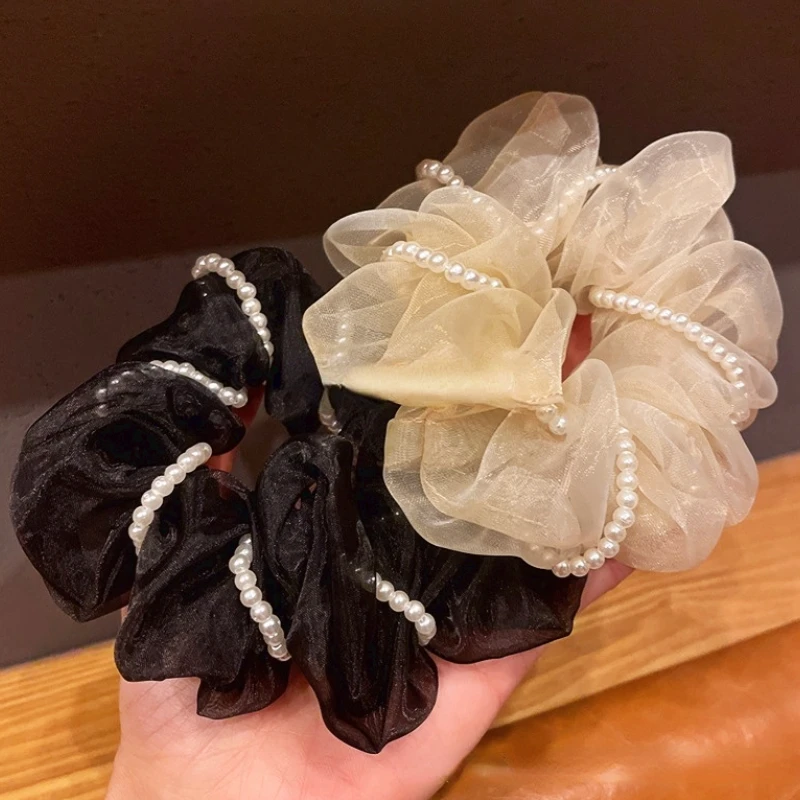 Korea Fashion New Sweet Pearl Large Intestine Hair Ties Ring Organza Temperament Elastic Head Rope  Accessories Wholesale summer organza neck collar pearl pendant ruffle lace scarf women elastic loop scarf multi functional neck wrap bandana headband