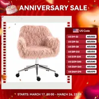 Swivel Faux Fur Office Chair, Vanity Chair W/ Adjustable Height, Wheels, Pink 1