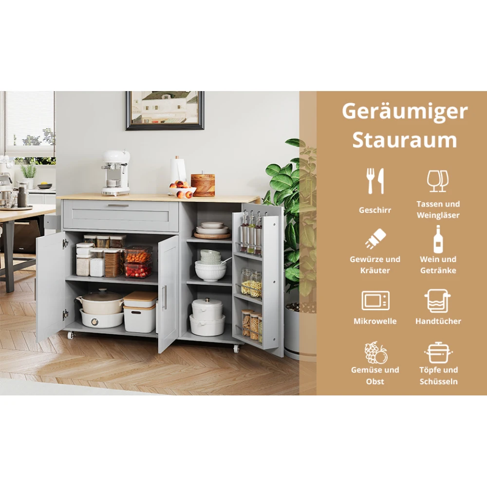 132.5*44(70)*90 cm mobiler Küchentisch, mit klappbarer Arbeitsplatte und Gewürzregal, Kücheninseln mit Handtuchhalter und 5 Rollen – Detail 29