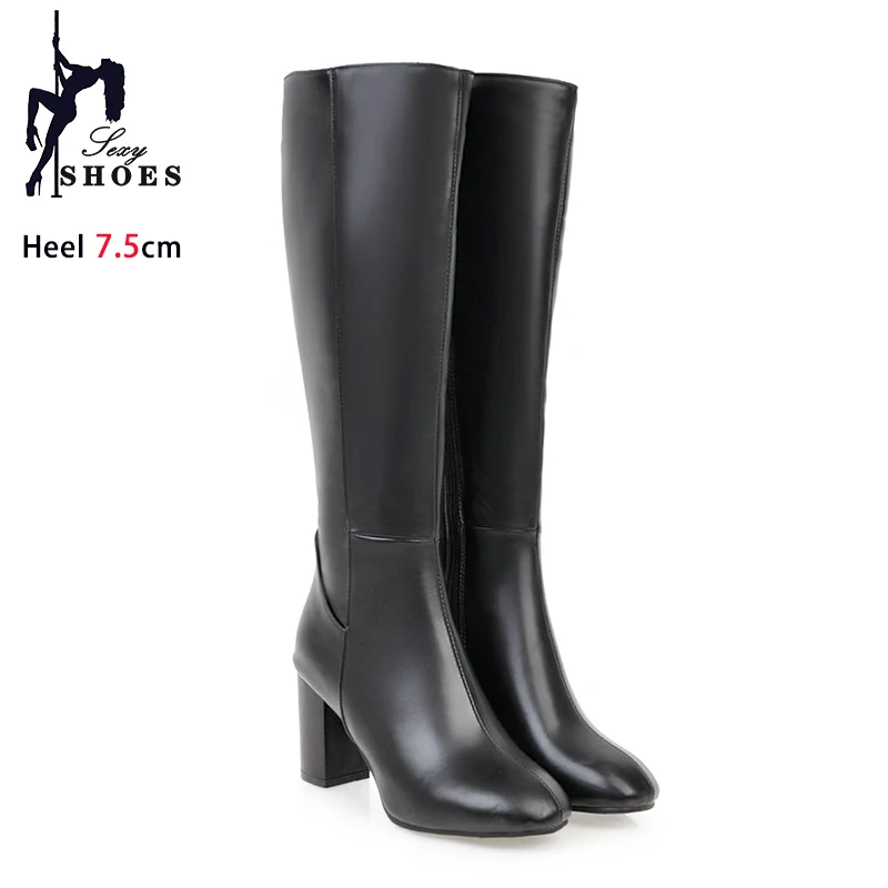 Fashion Women Knee High Boots Large Size Square Toe Motorcycles Shoes Autumn Winter Shoes For Ladies High Heels Leather Boots
