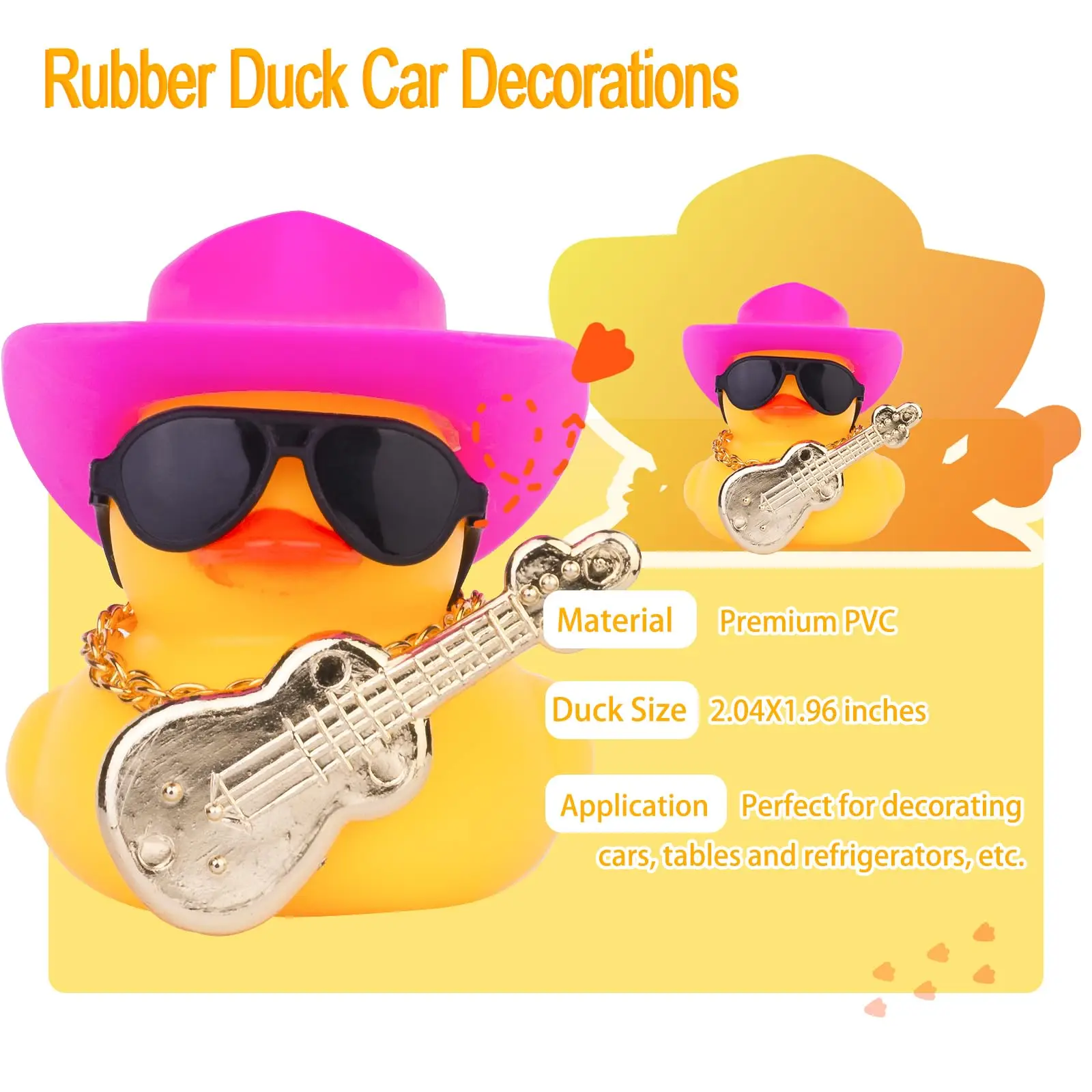 Car Rubber Duck Ornaments Yellow Duck Car Dashboard Decorations with Musical Instruments Mini Top Hat Guitar Sunglasses Necklace 2