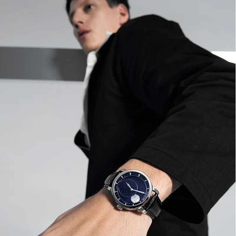 AGELOCER Original Astronomer Watch Blue Aventurine Dial Men's Luxury Automatic Mechanical Moon Phase Watch Birthday Gift for Men 6
