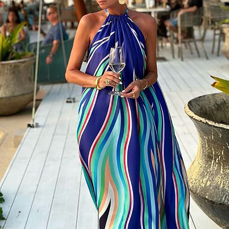 

Женское платье с лямкой на шее, голубое свободное платье с принтом в богемном стиле, праздничное повседневное модное Плиссированное пляжное платье без рукавов, лето