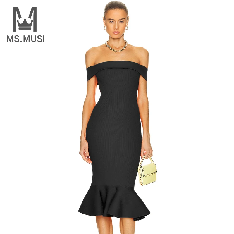 

MSMUSI 2022 New Fashion Women Sexy Off the Shoulder Ruffles Sleeveless Bandage Party Club Bodycon Slim Event Midi Mermaid Dress