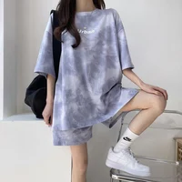 Women Summer 2024 New Fashion Cool Tie Dye Two-Piece Set Leisure And Comfortable Loose Elastic Waist Shorts Set - Image 6