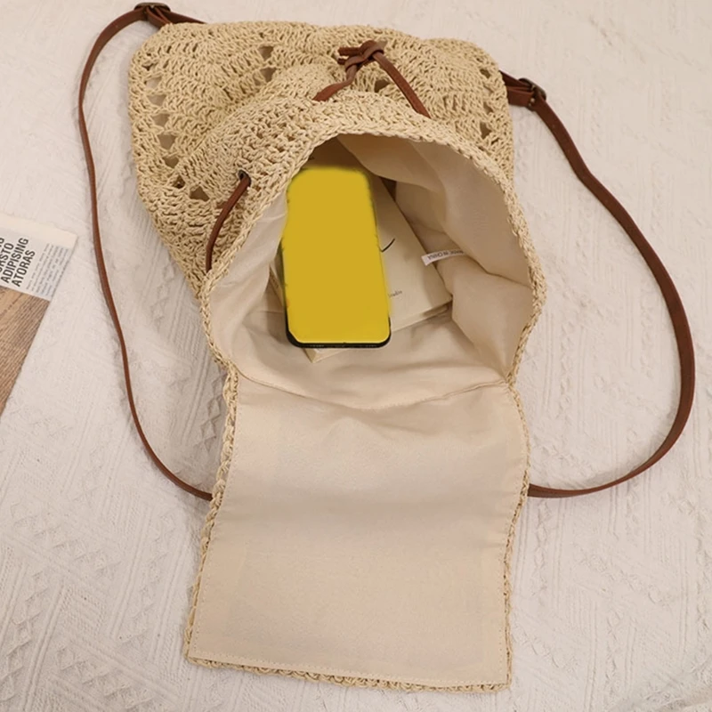 Women Fashion Straw Handmade Woven Backpack Flap Drawstring Shoulders Bag Beach Daypack