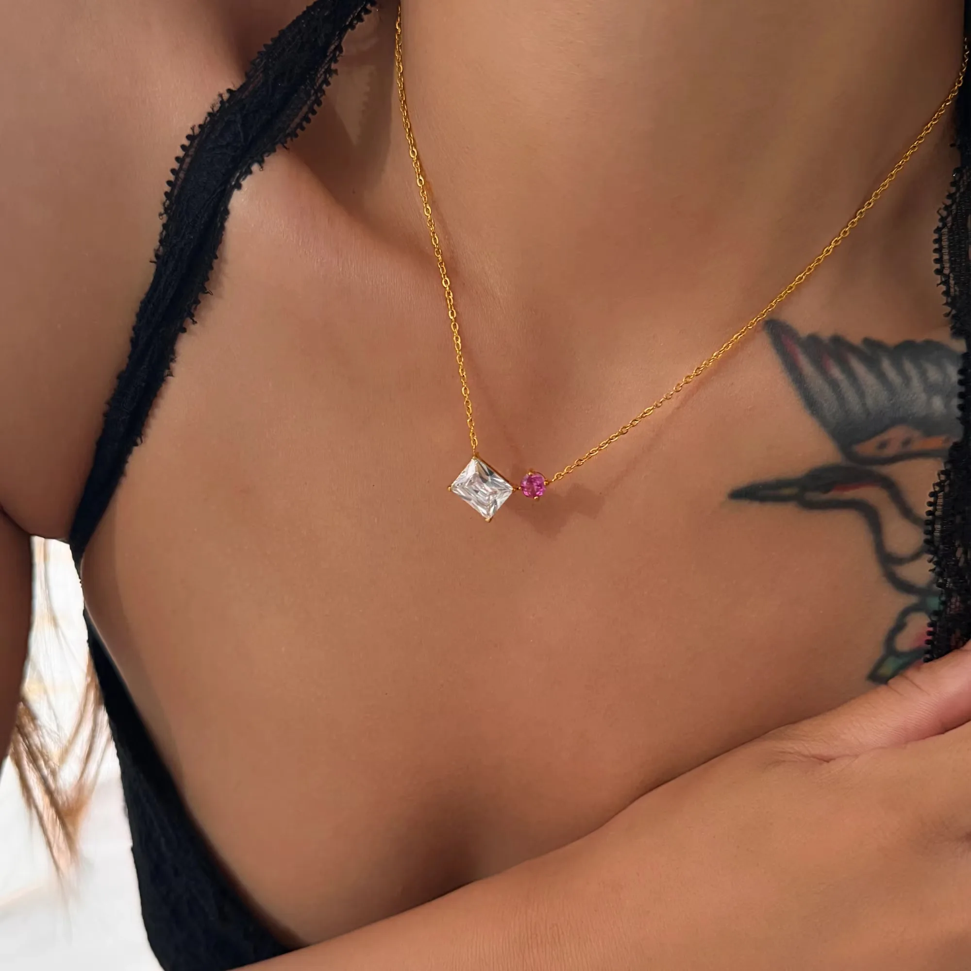 보헤미안 스타일 사각형 라운드 지르콘 펜던트 목걸이 (여성용), 데일리 체인 초커, 18k 금도금 스테인리스 스틸 변색 방지 주얼리