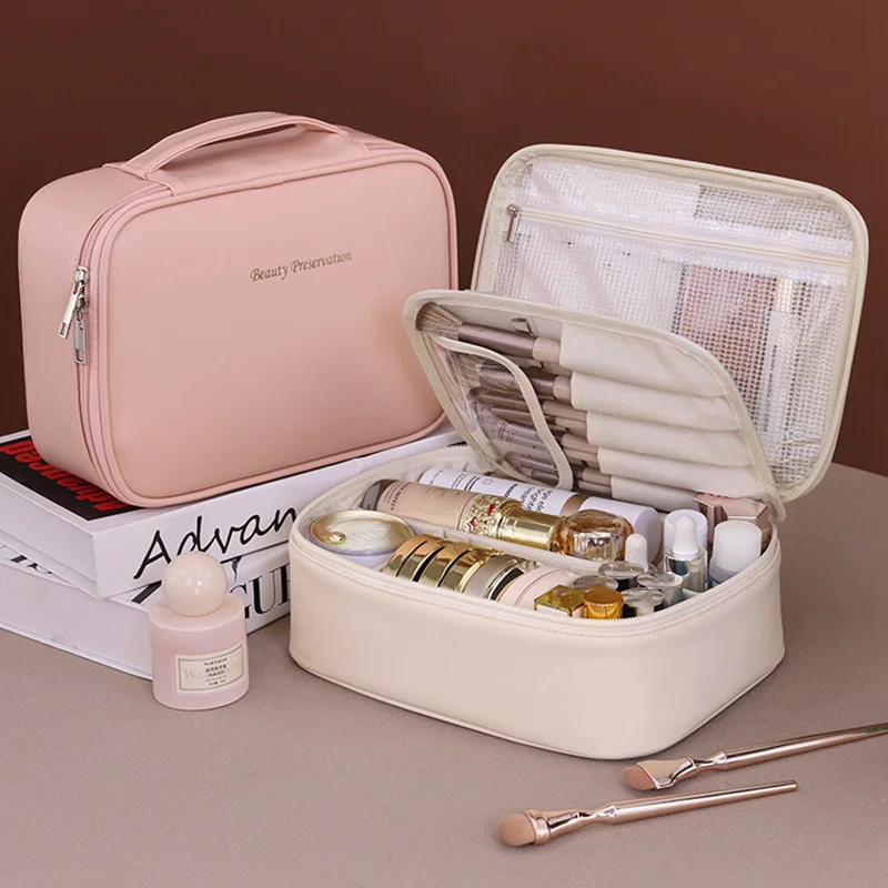 PU Large Capacity Tote Makeup Bag Portable Travel Organizer Tolietry Cosmetic Storage Bag Luxury Women Double Layer Pouch 4