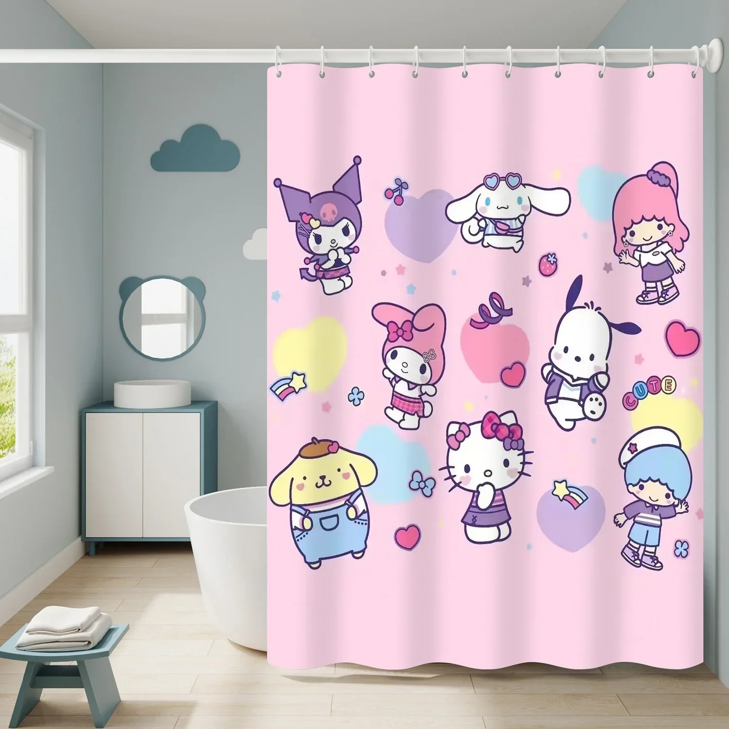 

Sanrios Kuromi Mymelody Cinnamoroll Kawaii Anime Cartoon Bathroom Curtain Shower Curtain Decor Waterproof Anti-mildew Hooks Gift