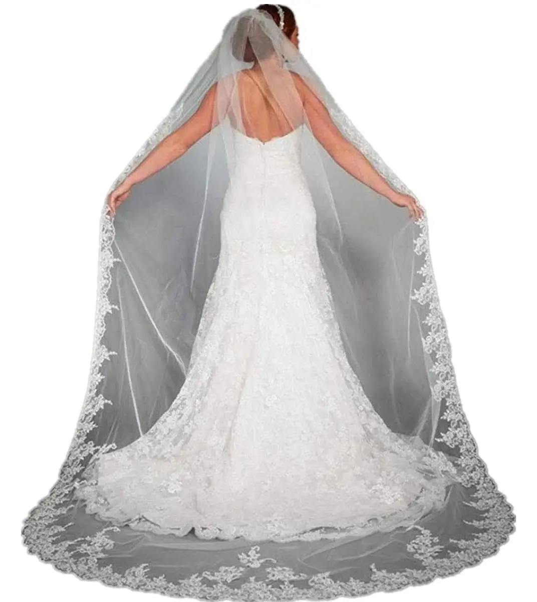 

Women's Applique Bride Wedding Long Chapel Length 1 Tier Bridal Veil Soft Tulle Hair Accessories 2022