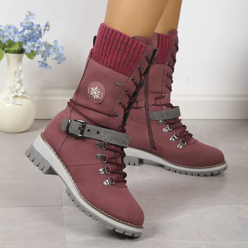Mid Calf Snow Boots For Women Winter Women Lace-up Combat Snow