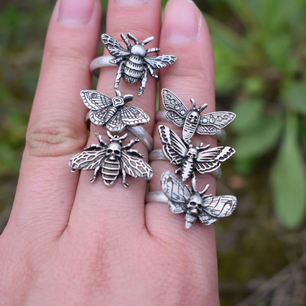 Personality Vintage Magic Witchy Adjustable Insects Jewelry Accessories Fashion Deaths Head Moth Butterfly Ring For Women 3