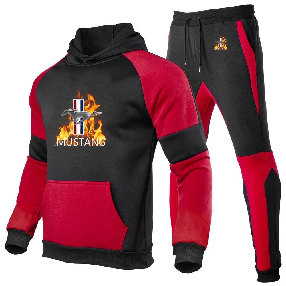 New Spring and Autumn Mustang Printed Men's Hooded Sportswear Large Pocket Contrast Sweater Sweater Pants Set