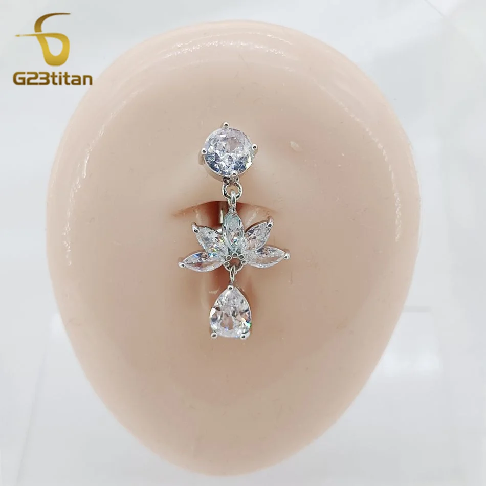 G23Titan Reversed Barbell CZ Zircon Belly Button Rings Flower Pendant 6-16mm Surgical Navel Piercing Ring Body Jewelry for Women