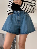 REALEFT 2024 New High Waist Washed Women's Denim Wide Leg Shorts Summer Buttons Casual Female Blue Jeans Trouses Pockets - Image 2