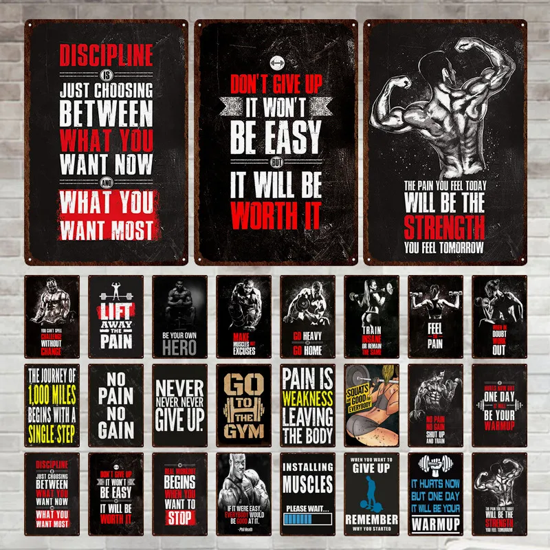

Sports Fitness Inspirational Slogan Metal Logo Vintage Tin Logo Plaque Metal Wall Decoration Bar Bar Club Men Cave Metal Poster