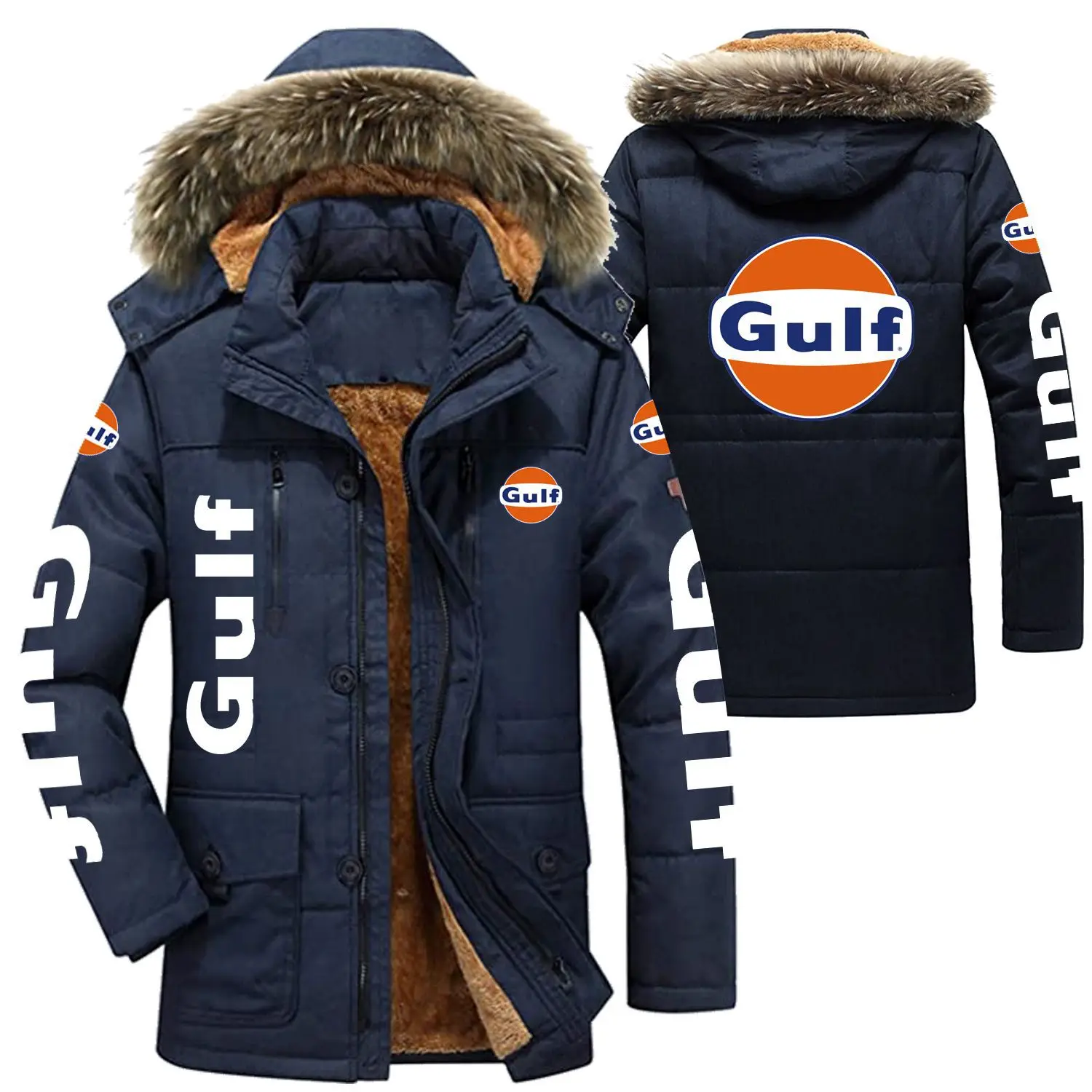 

Gulf Logo Men's Winter Cotton Jackets Hooded Parkas Lamb Fur Lining Plush Men Cold Thickening Fashion Motorcycle Jacket