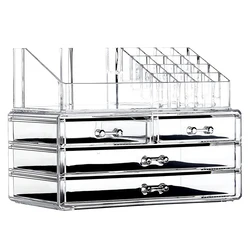 Clear Acrylic 2 - Tier Makeup Organizer with Drawer for Vanity and Bathroom Counter Storage (Clear)