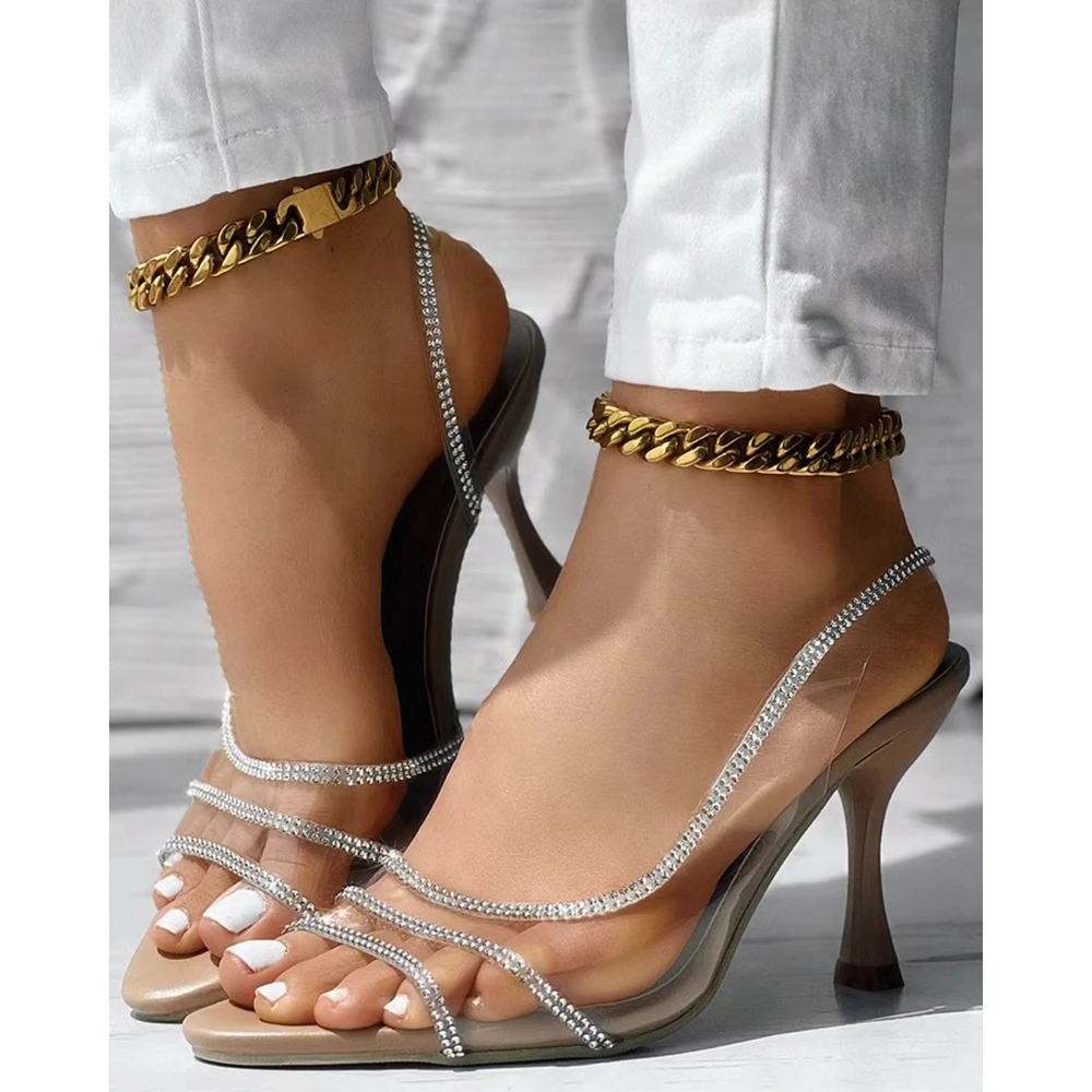 Women Rhinestone Decor Pyramid Heel Sandals Autumn Party Pointed Toe Back Strap Thin Heel Pumps Korean Style Spring Fashion