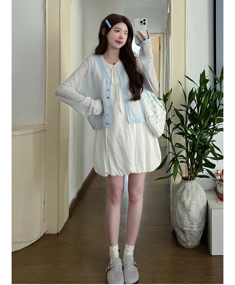 임산부 여름복 2026 스윗 큐트 버드 드레스 & 시스루 긴팔 자외선 차단 가디건 투피스 세트