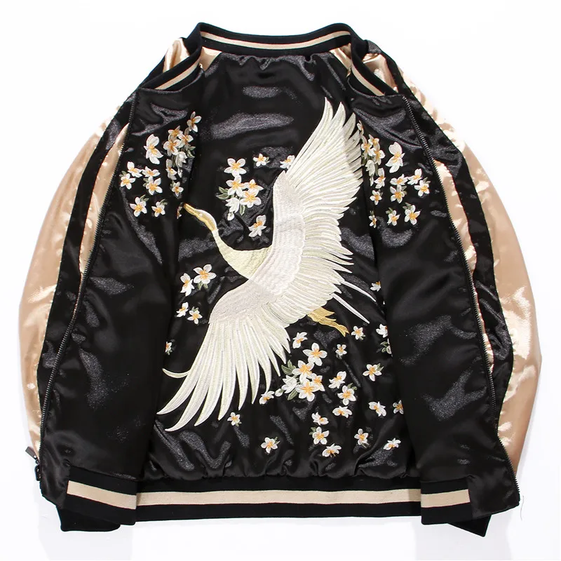 

Luxury White Crane Embroidery Jackets Smooth Women Yokosuka Souvenir Spring Autumn Two Sided Wear Baseball Casual Coats