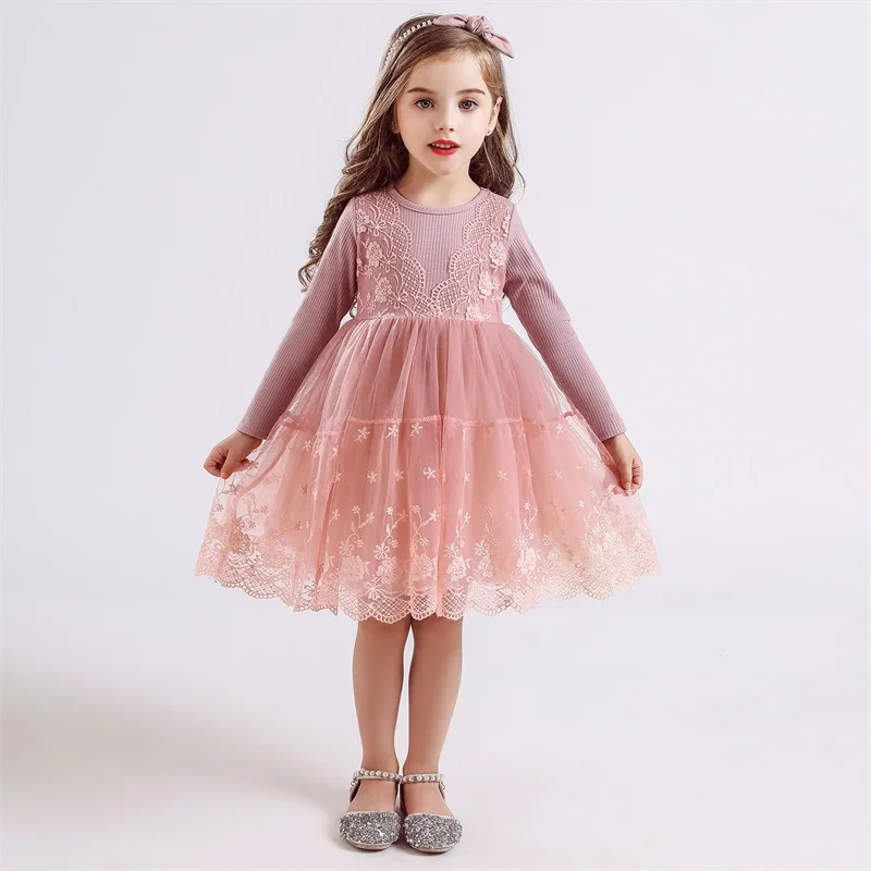 Girls Dress Princess Costume Kids Clothes Girls Spring Summer Dress Lace Tutu Flower Party Dress Kids Mesh Long Sleeve Holiday Casual Clothing Birthday Vestidos 3-8T