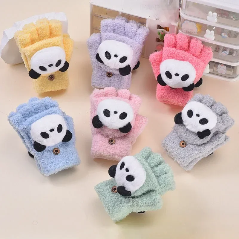 Cartoon Panda Cute Half Finger Children Gloves for Winter 6-14Y winter gloves