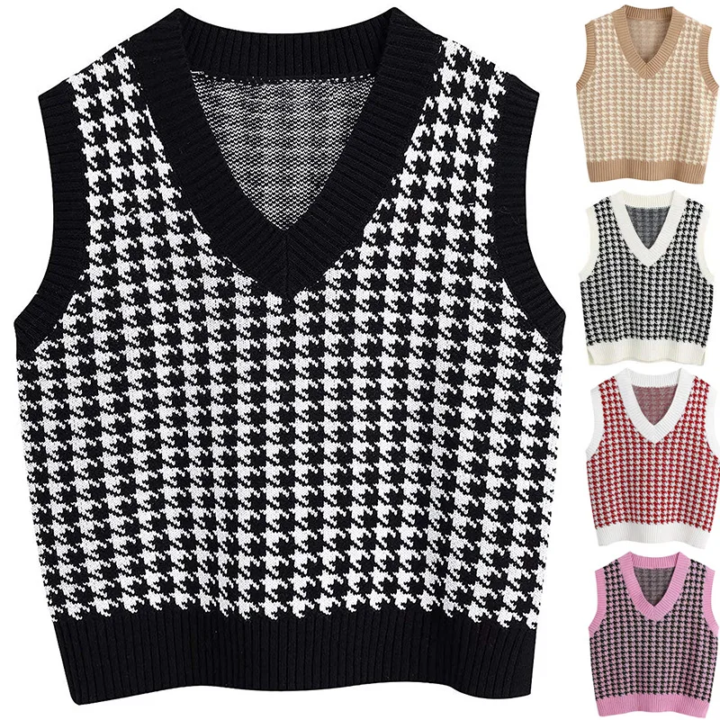 

Autumn and winter new women's thousand bird lattice knitted vest V-neck sleeveless pullover sweater