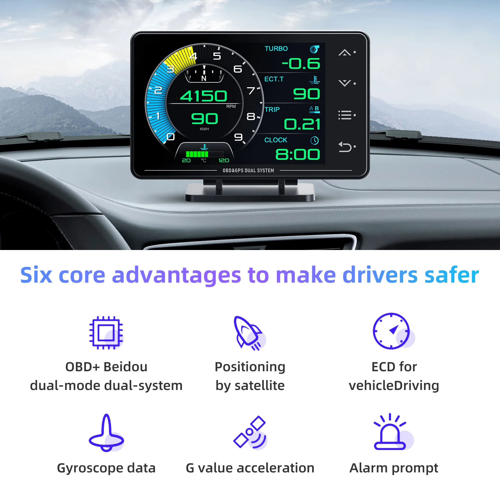 XS OBD+GPS 계기판 HUD 게이지 자동차 다기능 헤드업 디스플레이 수온, 오일온도, 터보차저, 오일압력 LCD 디스플레이
