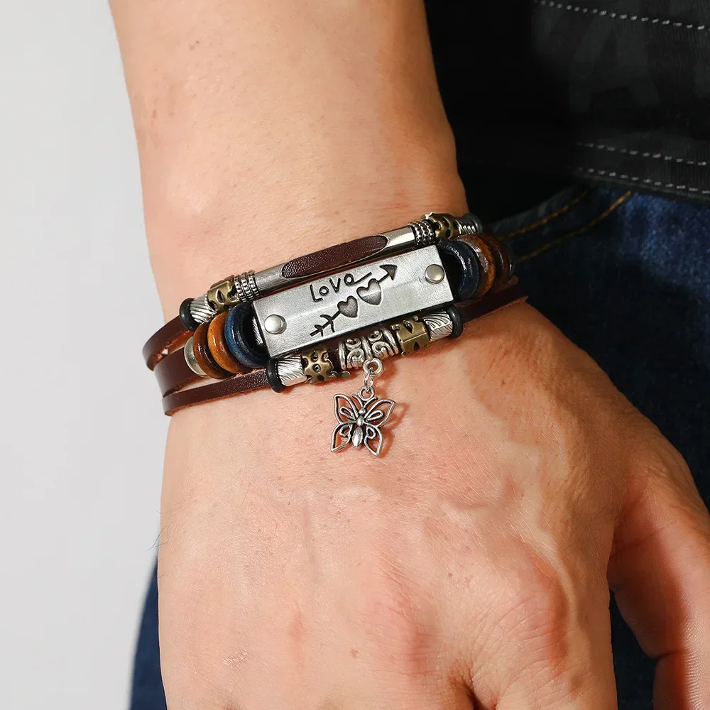 

New Retro National Style Love Butterfly Black Leather Bracelet for Men Engraved Simple Beaded Stainless Steel Leather Bracelet