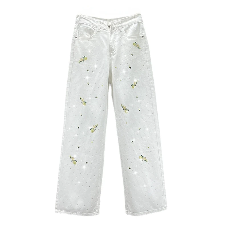 

White Wide-Leg Jeans Women's New Spring Summer Clothes 2024 High Waist Loose and Slimming Embroidered Mop Pants Street Jeans