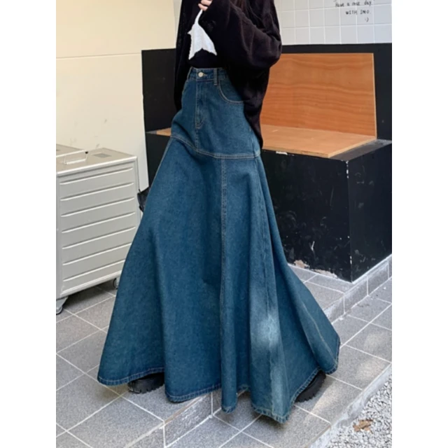 XS-XL Vintage Long Denim Skirt 2023 korean style High Waist A Line