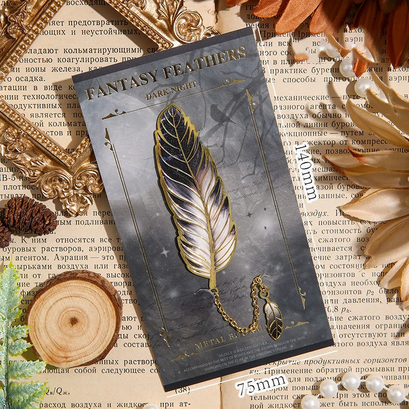 Vintage Feather Bronzing Metal Bookmark with Metal Chain Pendant for Book Lovers