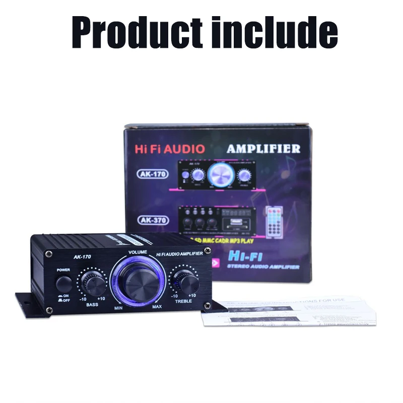 AK170 12V Audio Amplifier for Car Mini Digital Sound Amplifiers for Home Car Channel 2.0 HIFI Power Amplifier FM Bass Treble AMP