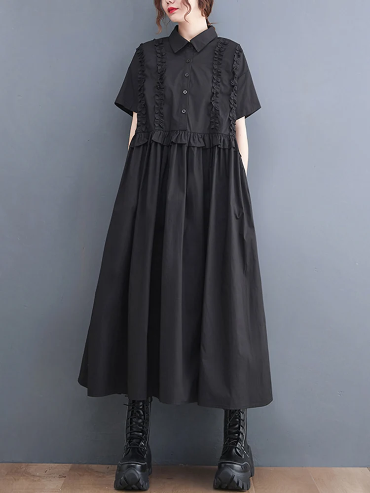 2025 Spring Summer New Patchwork Shirt Dresses For Women Short Sleeve Loose Casual Vintage Long Dress Fashion Elegant Clothing