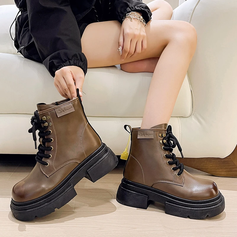 Shoes for Women 2023 High QualityCross-tied Women's Boots Fashion Color Matching Casual Boots Women New Side Zipp Ankle Boots