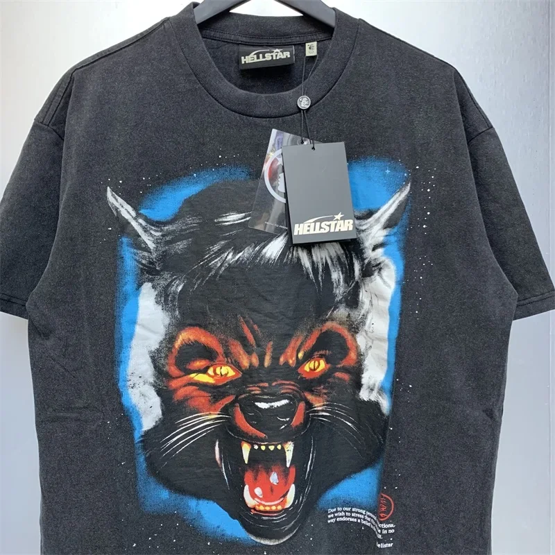 

24ss Hellstar Studios Black Washed T-Shirts for Men Women 1:1 High Quality Wolf Head Oversized T Shirt