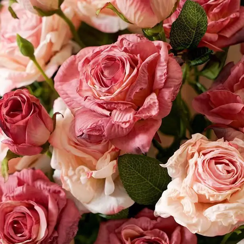 3-köpfiger künstlicher Rosenstrauß mit gebrannten Kanten, künstliche Seidenblumen, französischer Vintage-Stil, Heimdekoration, Wohnzimmerdekoration