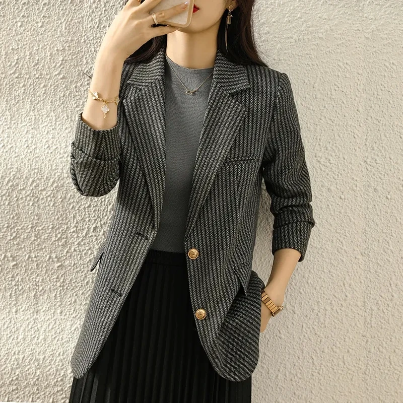 

2024 New Stylish Two Buttons Striped Blazers Suit Jackets For Women Clothing Spring Autumn Slim Blazer Coats Office Tops