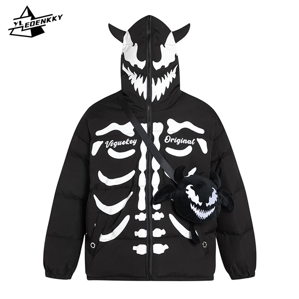 

Y2K High Street Parka Men Women Hip-hop Dark Devil Thickened Jacket Vintage Skull Print Loose Coat Outdoors Warm Winter Outwear