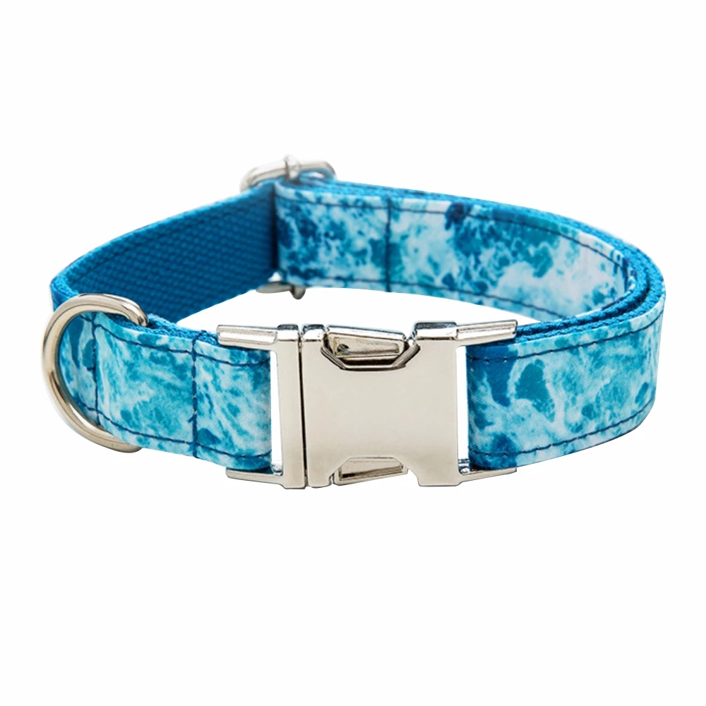 Personalized Sea Wave Pet Collar Custom Puppy Nameplate ID Tag Adjustable Buckle Blue Natural Style Basic Collars Leash Set 