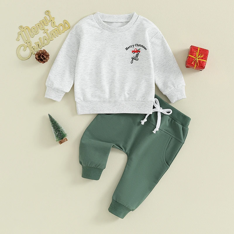 Toddler Boys Christmas Outfits Letter Truck Pattern Long Sleeve Sweatshirts and Solid Color Long Pants 2Pcs Clothes Set